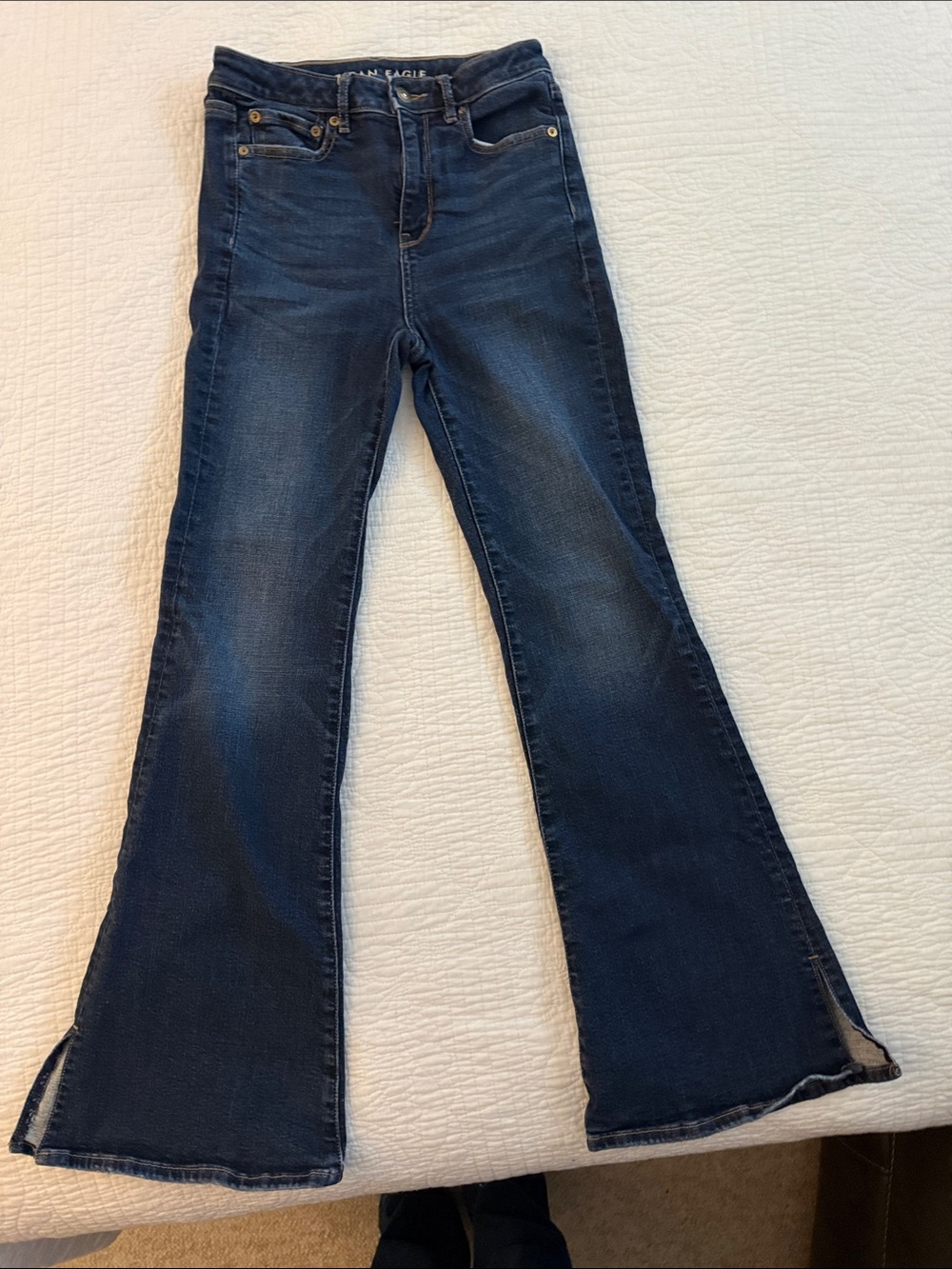 American Eagle Outfitters Dark Blue Flare Jeans with Split Hem Size 4